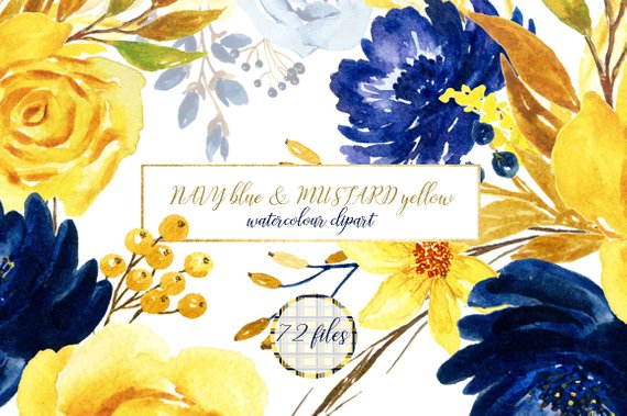 570x379 Navy Blue Amp Mustard Yellow Flowers. Watercolor Clipart. Blog Etsy - Watercolor Yellow Flowers
