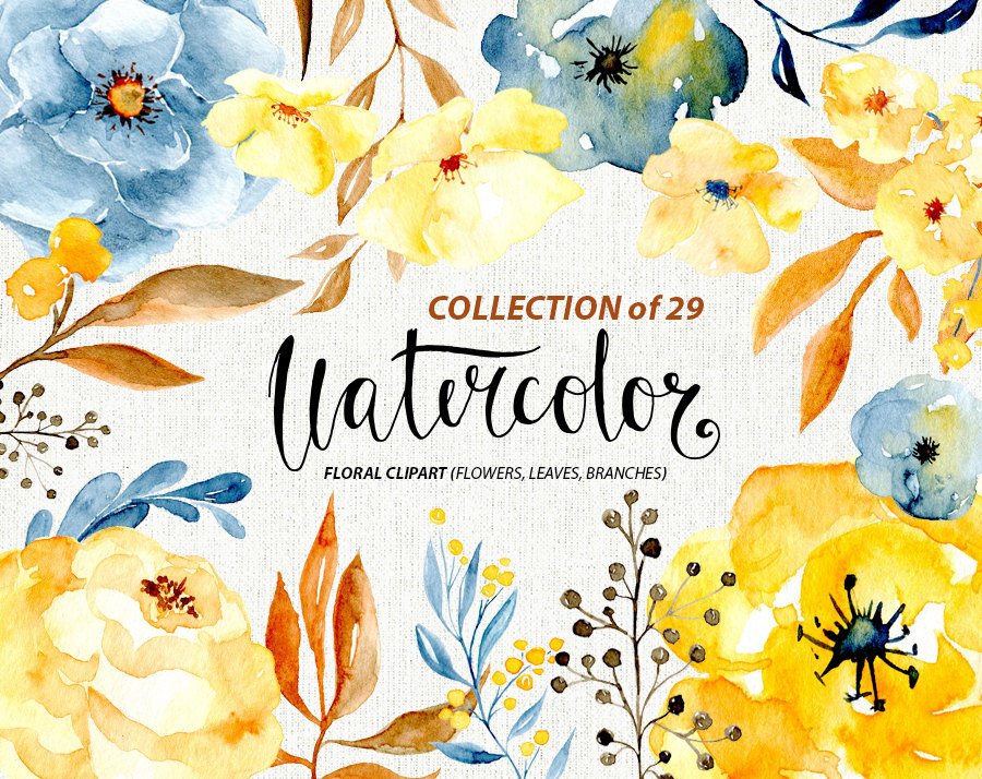 900x714 Wedding Watercolor Flower Clipart 29 Blue Yellow Brown Etsy - Watercolor Yellow Flowers
