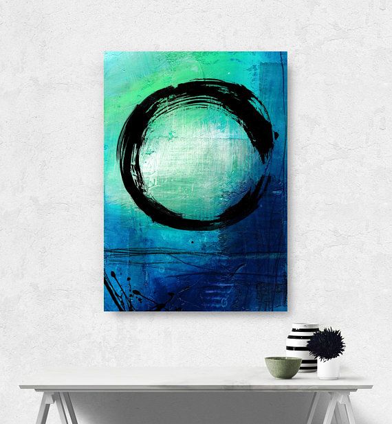 570x617 Large Enso, Zen Circle Abstract Art, Blues Teal, Aqua Watercolor - Watercolor Zen Circle