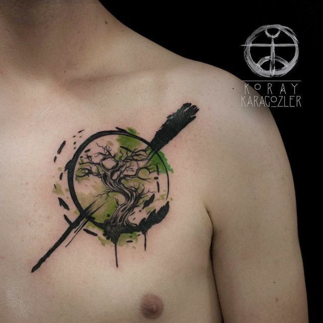 640x640 Watercolor Zen Circle With Tree Tattoo On Left Front Shoulder - Watercolor Zen Circle