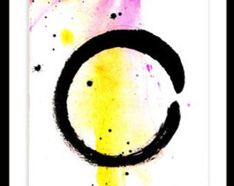 340x270 Enso, Zen Circle Painting, Pink, Yellow, Abstract Watercolor Art - Watercolor Zen Circle