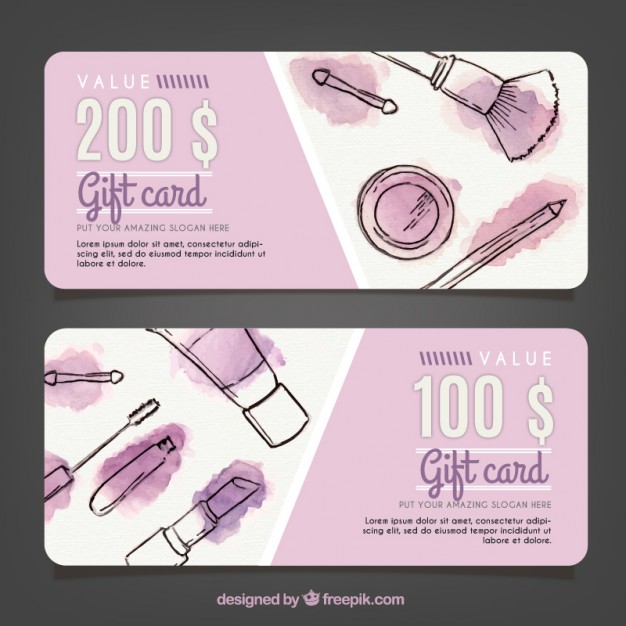 626x626 Gift Cards Makeup Sketches With Watercolor Stains Vector Free - Watercolors Gift Certificates