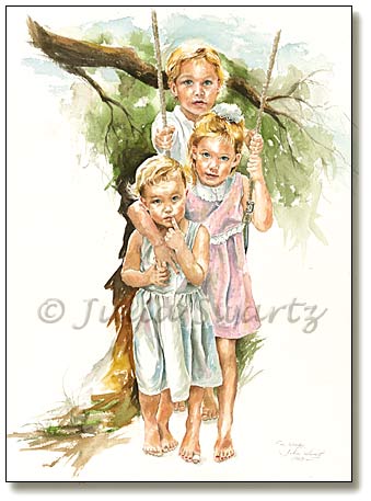 339x457 Figure Watercolor Painting Of Three Children On A Swing - Watercolour Paintings Of Children