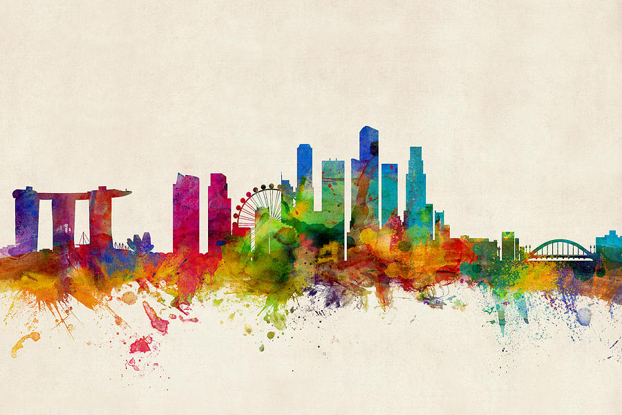 900x600 Singapore Skyline Digital Art By Michael Tompsett - Watercolour Singapore