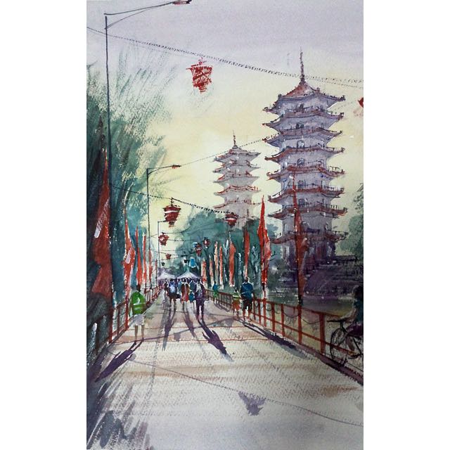 640x640 Watercolour Hand Painting Chinese Garden, Singapore, Design - Watercolour Singapore