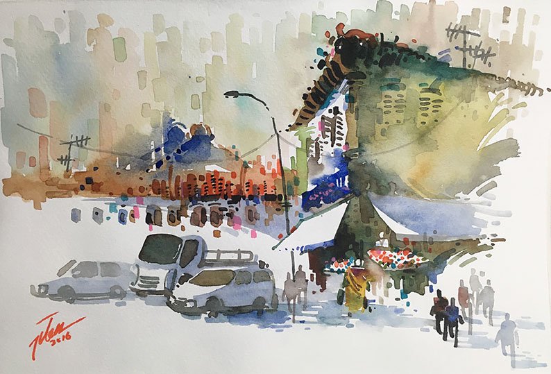 794x539 Little India, Singapore Ii Watercolour Painting 19x28cm - Watercolour Singapore