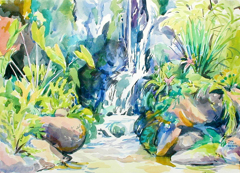 800x578 Kapalua Bay Waterfall Watercolor - Waterfall Watercolor Painting