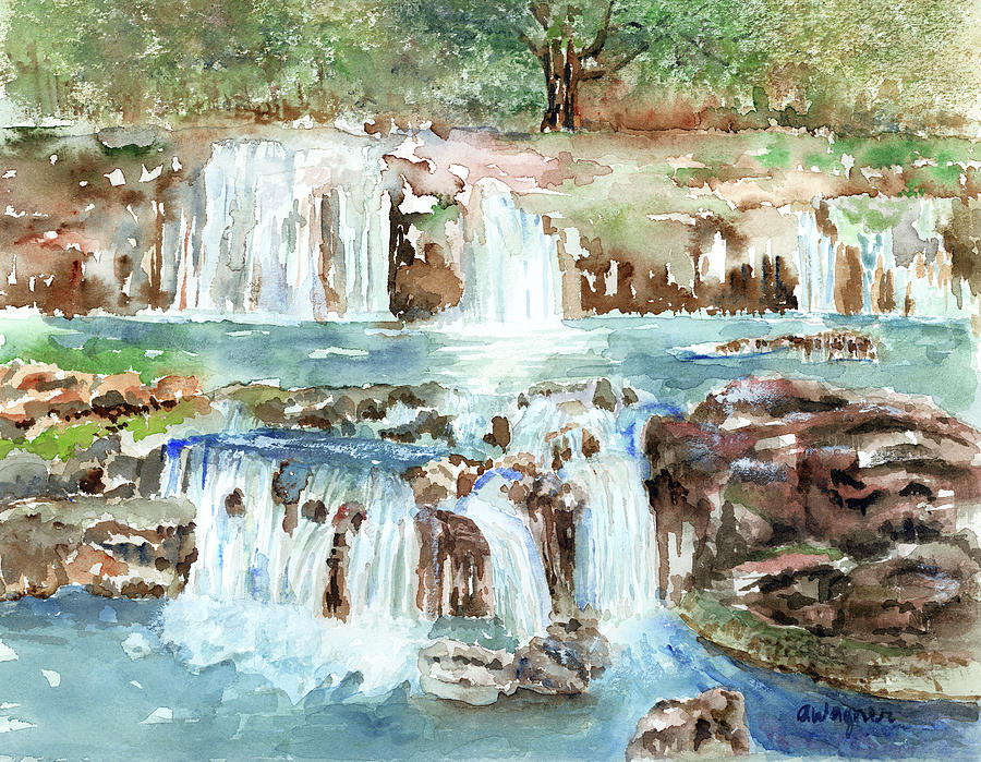 900x699 Many Waterfalls Painting By Arline Wagner - Waterfall Watercolor Painting