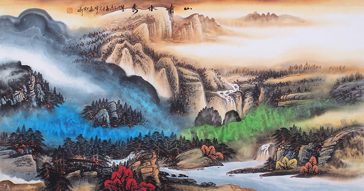 750x394 Modern Art Famous Painting Beautiful Chinese Artwork Original - Waterfall Watercolor Painting