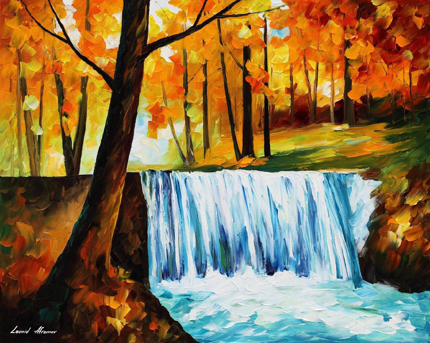 1423x1134 Autumn Waterfall - Waterfall Watercolor Painting