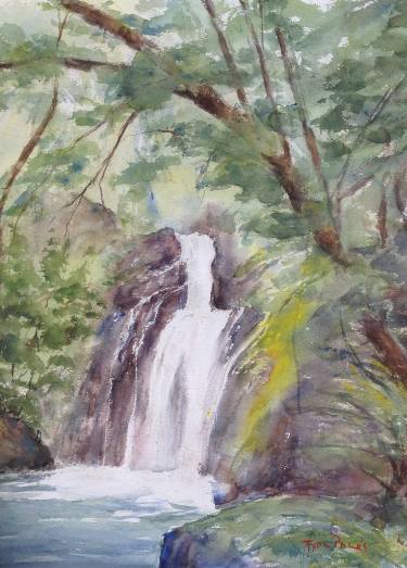 375x523 Waterfall Urederra. Navarre, Spain - Waterfall Watercolor Painting