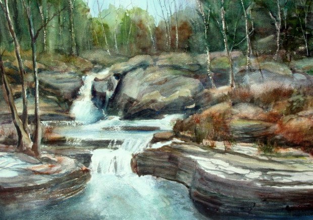 620x437 Waterfalls - Waterfall Watercolor Painting