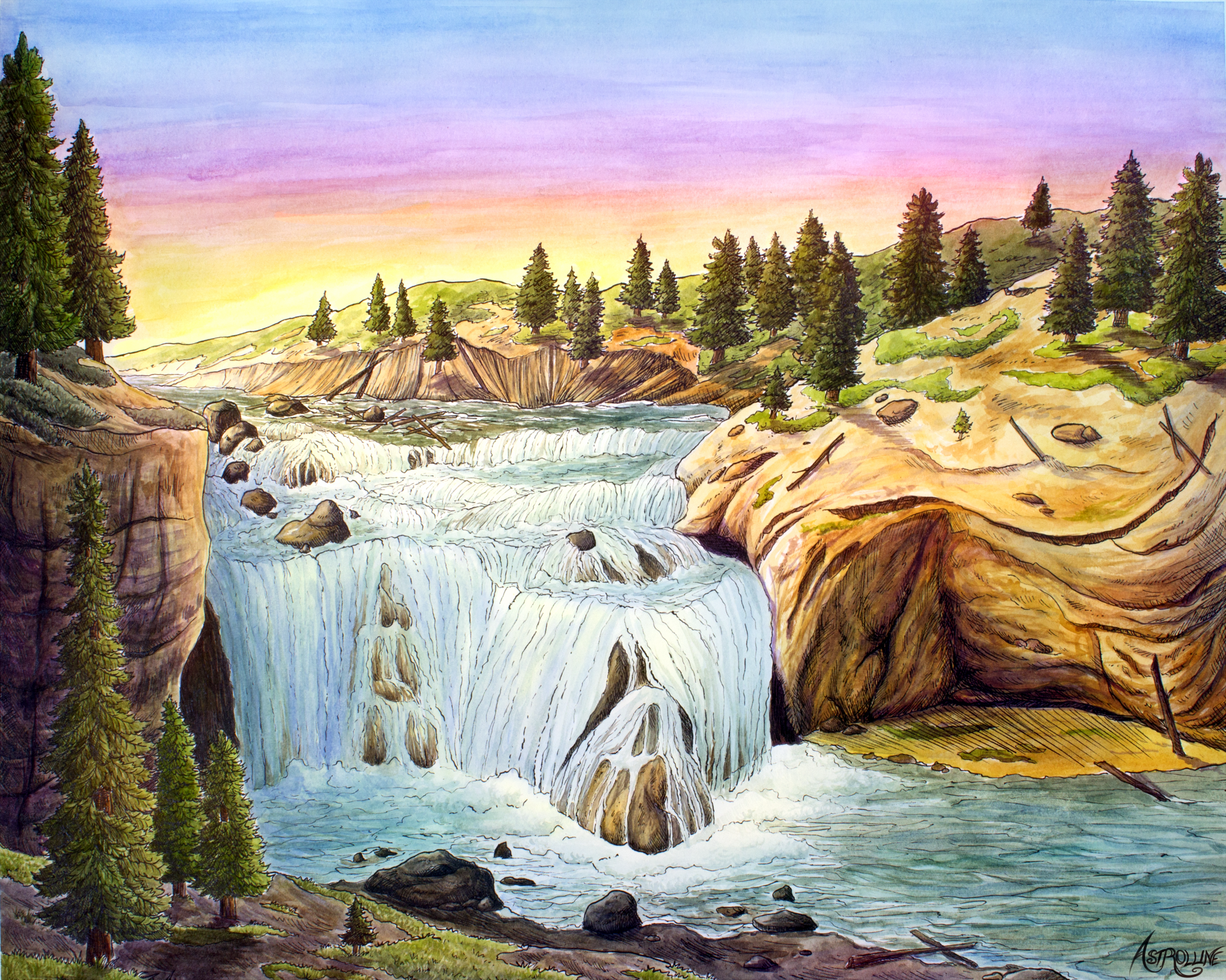 Пейзаж водопад рисунок акварелью