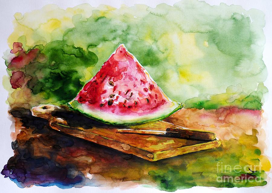 900x638 Sliced Watermelon Painting By Zaira Dzhaubaeva - Watermelon Watercolor Painting