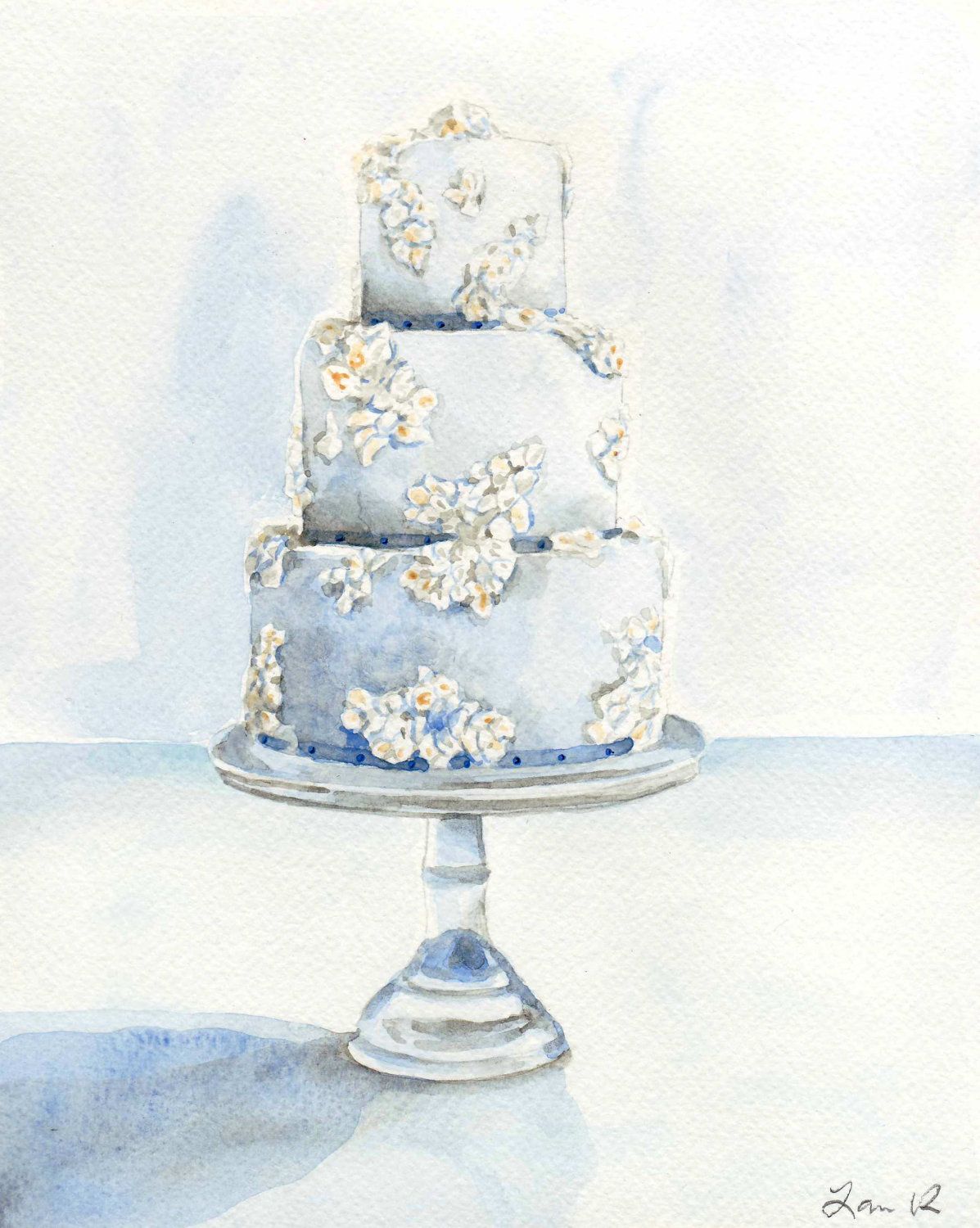 1197x1500 Light Blue Wedding Cake With Flowers Original Watercolor Painting - Wedding Cake Watercolor