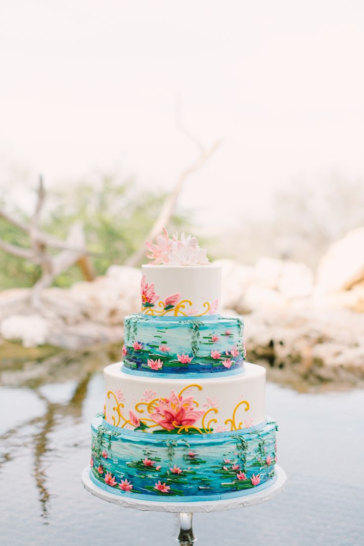 736x1104 Monet Inspired Watercolor Wedding Cake Deer Pearl Flowers - Wedding Cake Watercolor