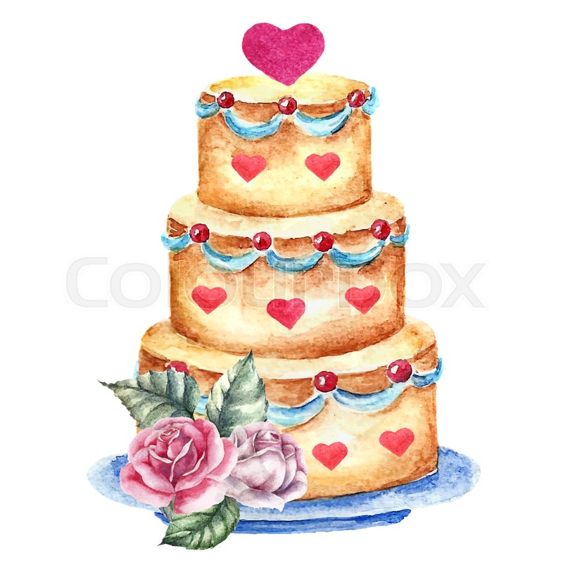 800x800 Watercolor Bright Card Wedding Cake With Hearts And Roses Bouquet - Wedding Cake Watercolor