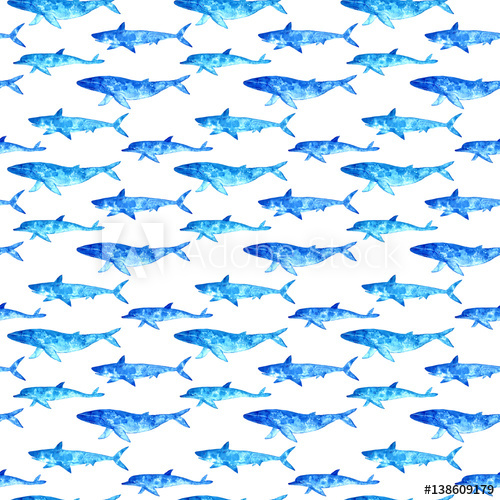 500x500 Seamless Pattern Of A Whale, Dolphin And Shark. Watercolor Hand - Whale Shark Watercolor