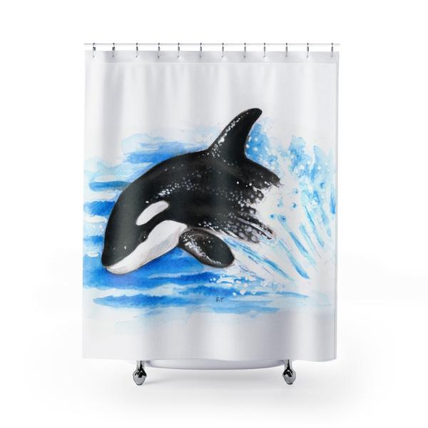 600x600 Playful Baby Orca Whale Watercolor Art Shower Curtain Seven - Whale Watercolor
