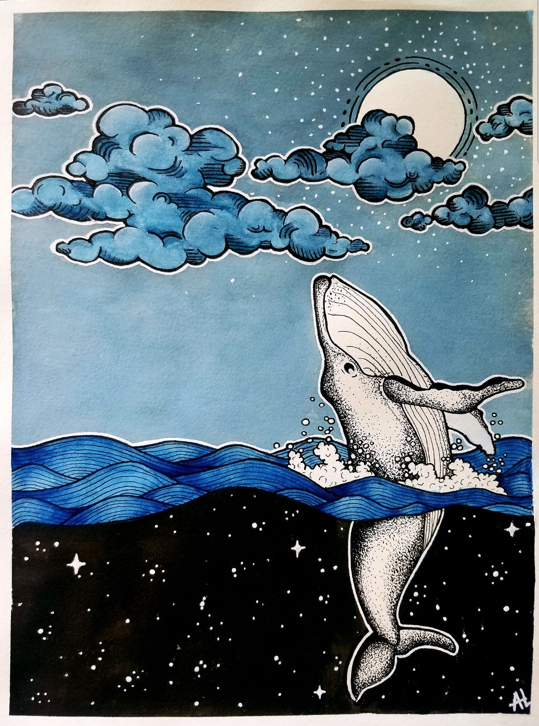 1067x1438 Space Whale, Watercolor And Ink, 5x7 - Whale Watercolor