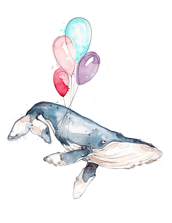 570x738 Balloons Whale Watercolor Print Humpback Whale Marie Eve - Whale Watercolor