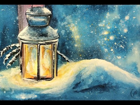 480x360 Watercolor And White Gouache Lantern Covered In Snow Painting - White Gouache Watercolor