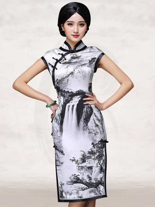 600x800 Sleeveless Chinese Landscape Painting Silk Black And White Qipao - White Watercolor Dress