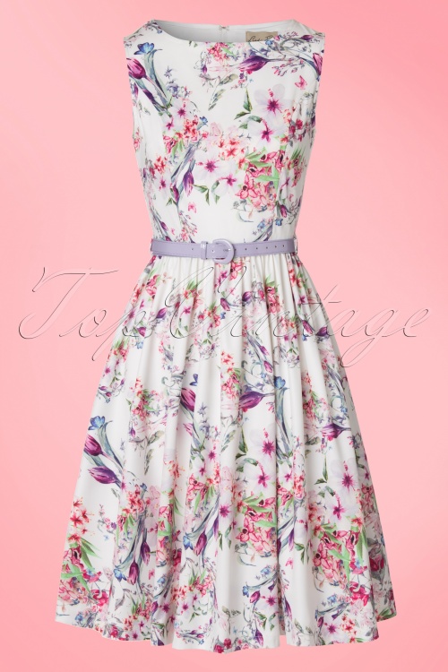 500x750 50s Audrey Watercolour Bouquet Swing Dress In White - White Watercolor Dress