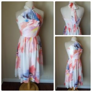 300x300 White House Black Market Chiffon Halter Watercolor Print Dress - White Watercolor Dress