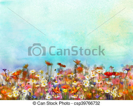 450x357 Watercolor Painting Purple Cosmos Flower, White Daisy, Cornflower - Wildflower Watercolor Paintings