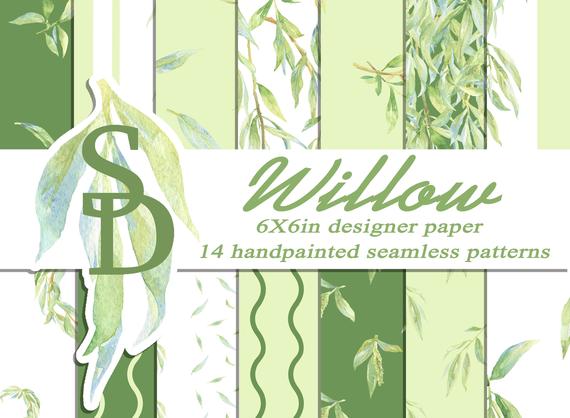 570x418 Willow Watercolor Digital Paper Seamless Patterns Hand Painted Etsy - Willow Watercolor