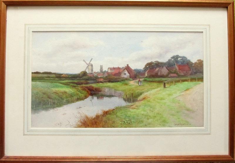 800x557 River Landscape With Windmill And Village, Watercolour, Signed - Windmill Watercolor