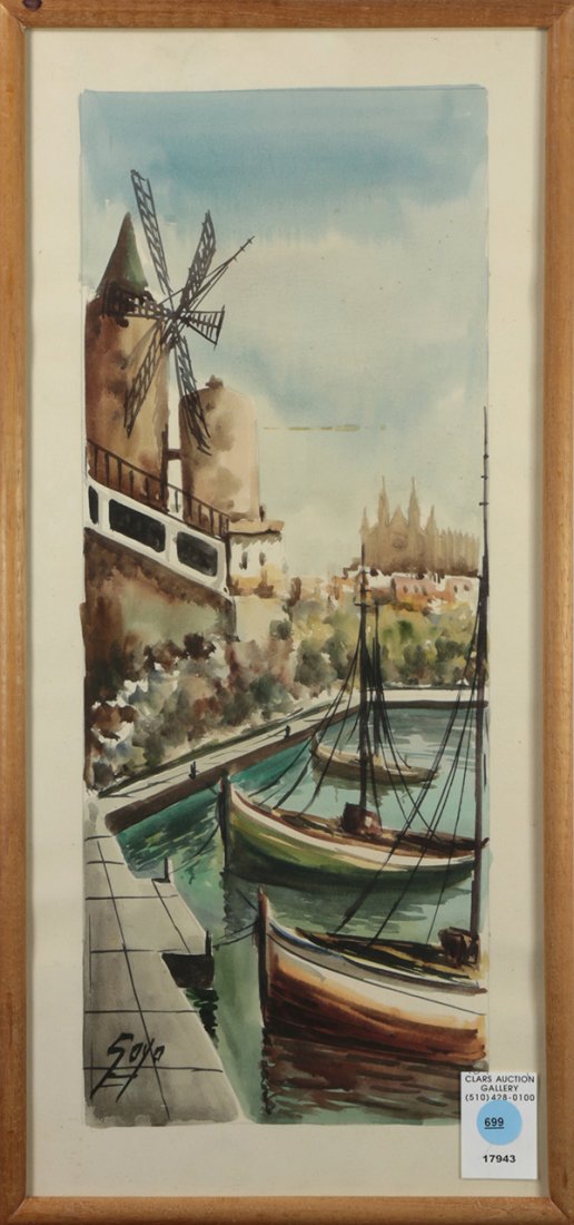 516x1100 Boats By A Windmill, Watercolor - Windmill Watercolor