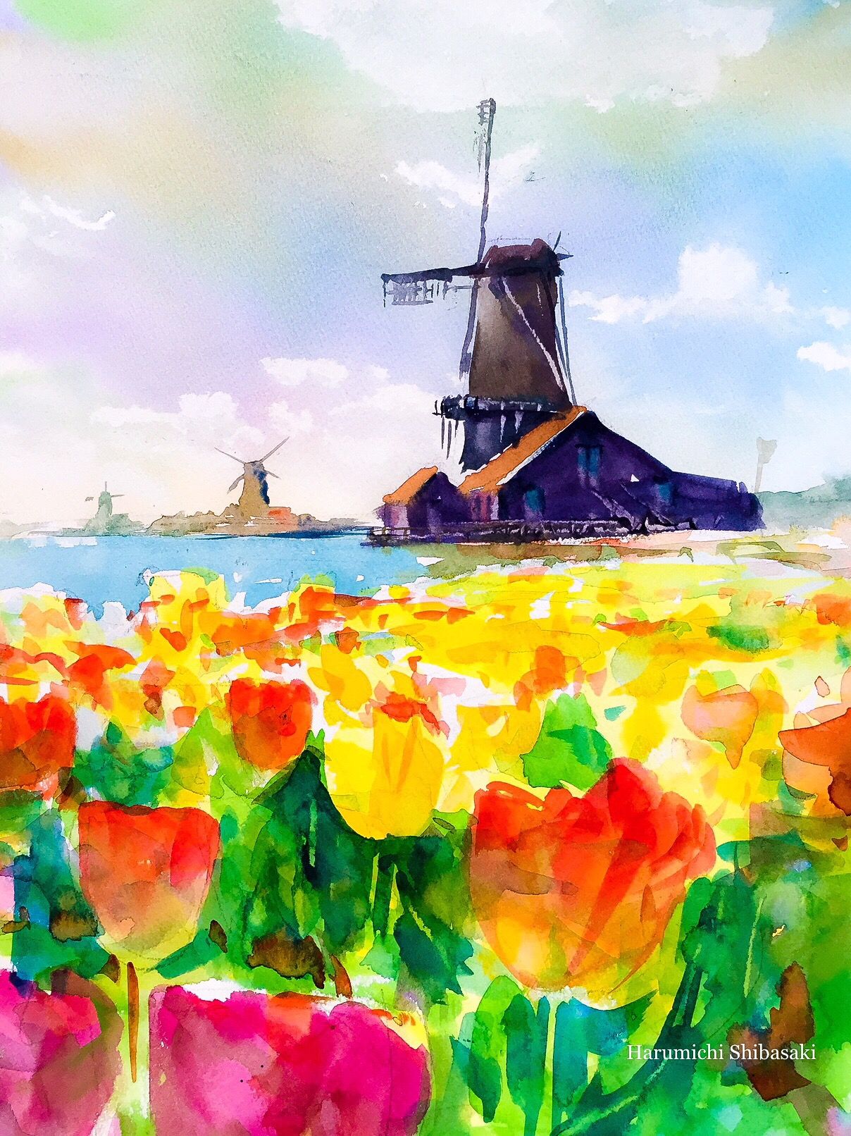 1208x1612 Tulip Fields With Windmills Watercolor Painting Steemkr - Windmill Watercolor