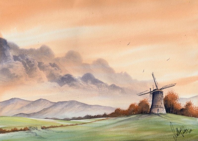 800x570 Watercolour Painting Tutorial Paint A Windmill Sunset Landscape - Windmill Watercolor