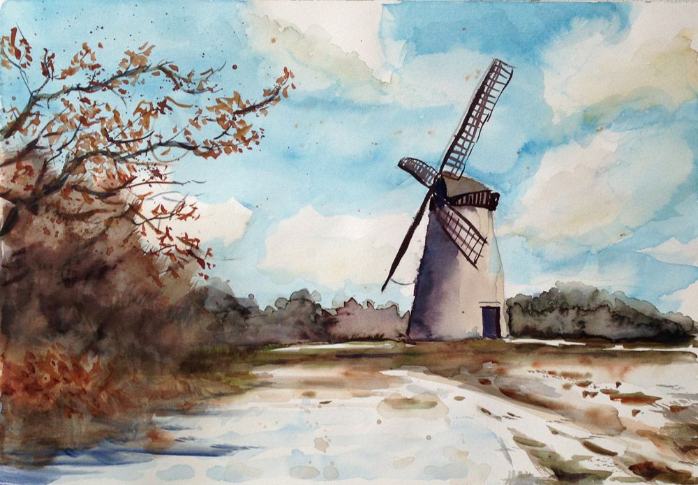 1000x695 Windmill, Watercolors, A3 My Original Paintings And Drawings - Windmill Watercolor