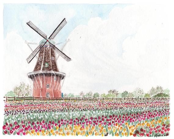 570x456 Windmill Art Print Windmill Island Windmill Watercolor Etsy - Windmill Watercolor