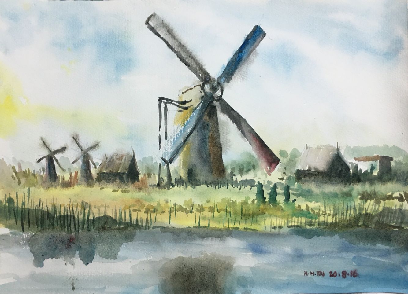 1334x962 Windmill Watercolour By Brian Tai Art Windmill And - Windmill Watercolor