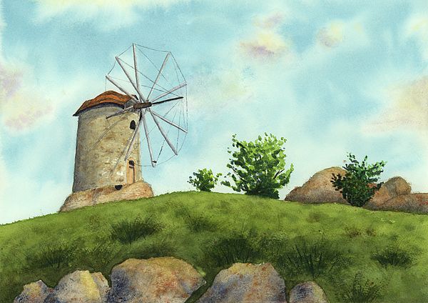600x424 Windmill, Windmill Painting, Windmill Watercolor, Landscape - Windmill Watercolor