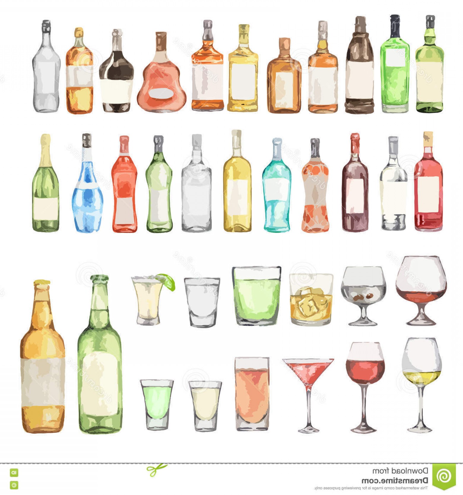 1560x1668 Stock Illustration Watercolor Alcohol Set Many Bottles Glasses - Wine Watercolor