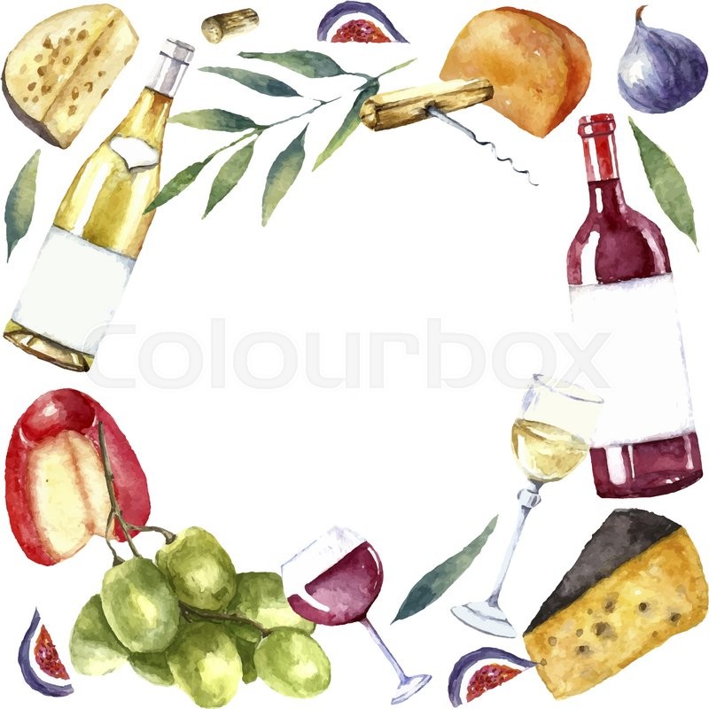800x800 Watercolor Wine And Cheese Frame. Round Frame With Hand Painted - Wine Watercolor