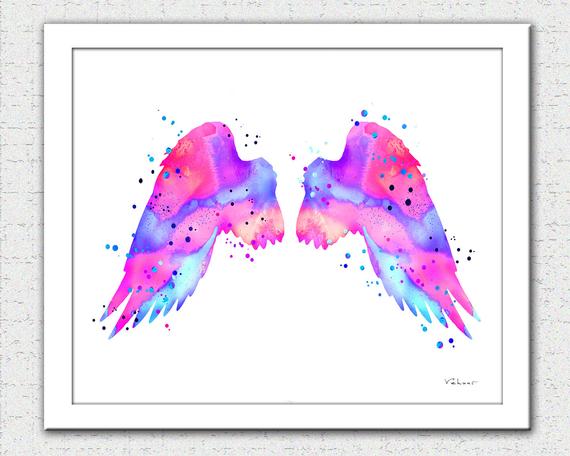 570x456 Pink Angel Wings Print Angel Wings Watercolor Pink Purple Etsy - Wings Watercolor