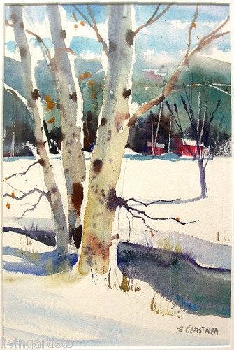 335x500 Daily Paintworks - Winter Birch Trees Watercolor