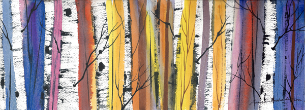 600x217 Original Watercolor Paintings By Laura Tasheiko, Maine Artist - Winter Birch Trees Watercolor