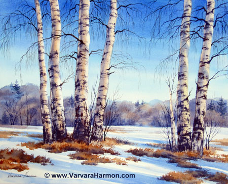 450x364 Spring Birch, Original Watercolor Painting By Varvara Harmon - Winter Birch Trees Watercolor