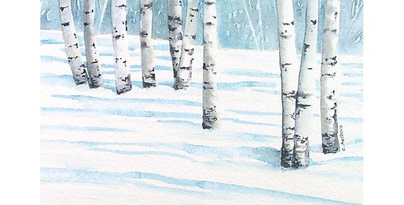 570x289 Winter Landscape Birch Tree Watercolor 4 X 6 Inches - Winter Birch Trees Watercolor