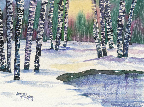 500x373 Winter Landscape Birch Trees Watercolor 6x9 Inches - Winter Birch Trees Watercolor