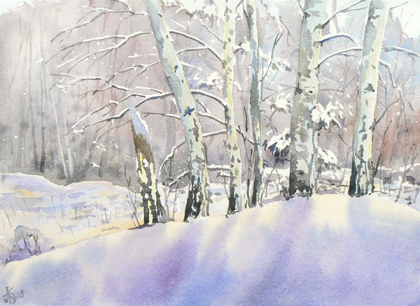 600x438 Birch Trees In Winter By Mashami - Winter Birch Trees Watercolor