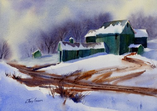 500x354 Farm In Watercolor Winter Landscape Painting Vermont - Winter Landscape Watercolor Paintings
