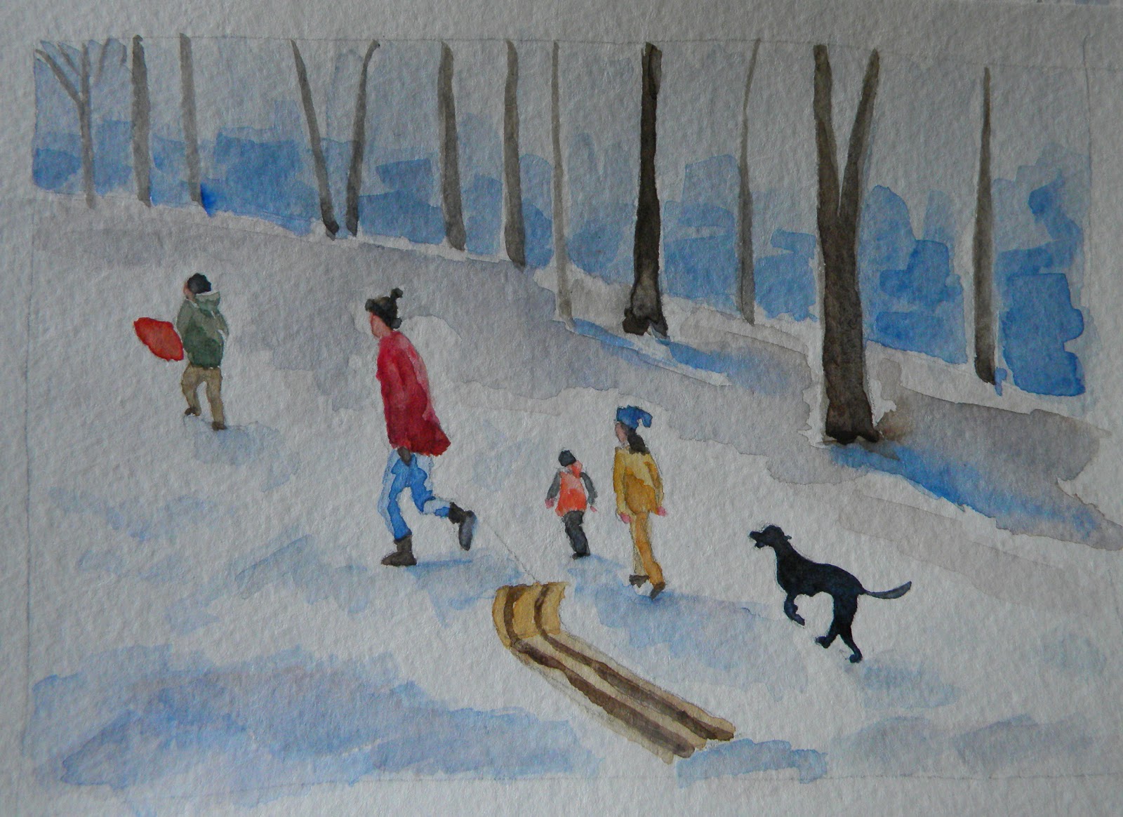 1600x1164 Painting Daily Heidi Malott Original Art Kids Sledding Winter - Winter Landscape Watercolor Paintings